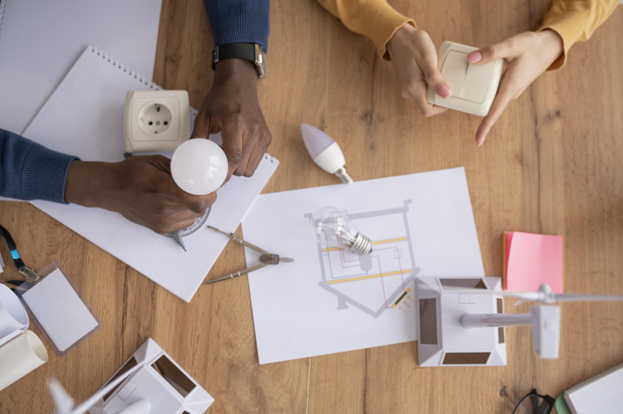 colleagues-working-together-environment-project-top-view